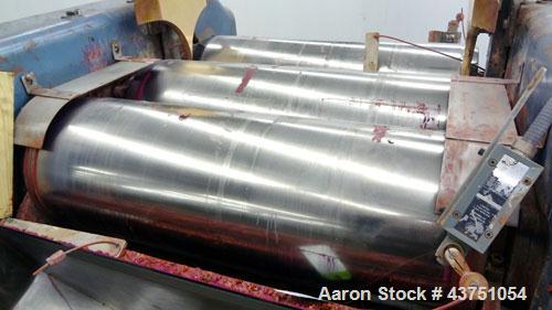 Used Lehmann Horizontal Three Roll Mill, Model 13X32. (3) 13" Diameter x 32" wide chrome plated adjustable cored rolls. Adjustable brass edge guides, knife scraper with discharge pan, bottom drip pan...
