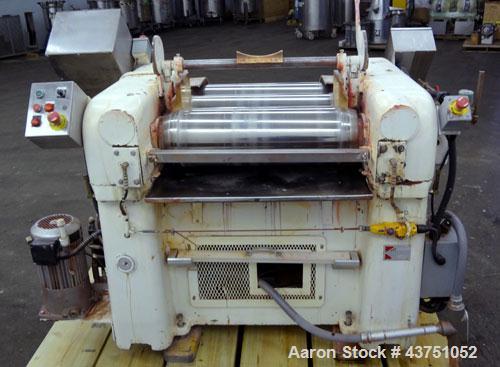 Used Lehmann Horizontal Three Roll Mill, Model 663-V. (3) 9" Diameter x 24" wide Bi-Metal cast iron adjustable cored rolls. Adjustable brass edge guides, knife scraper with discharge pan, bottom drip...