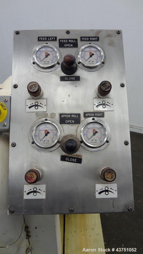 Used Lehmann Horizontal Three Roll Mill, Model 663-V. (3) 9" Diameter x 24" wide Bi-Metal cast iron adjustable cored rolls. Adjustable brass edge guides, knife scraper with discharge pan, bottom drip...