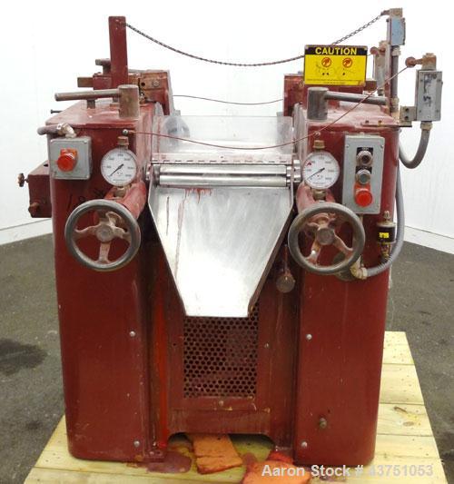 Used Kent Machine Works Horizontal Three Roll Mill, Model 6X14. (3) 6" Diameter x 14" wide chrome plated adjustable cored rolls. Adjustable plastic edge guides, knife scraper with discharge pan, bott...