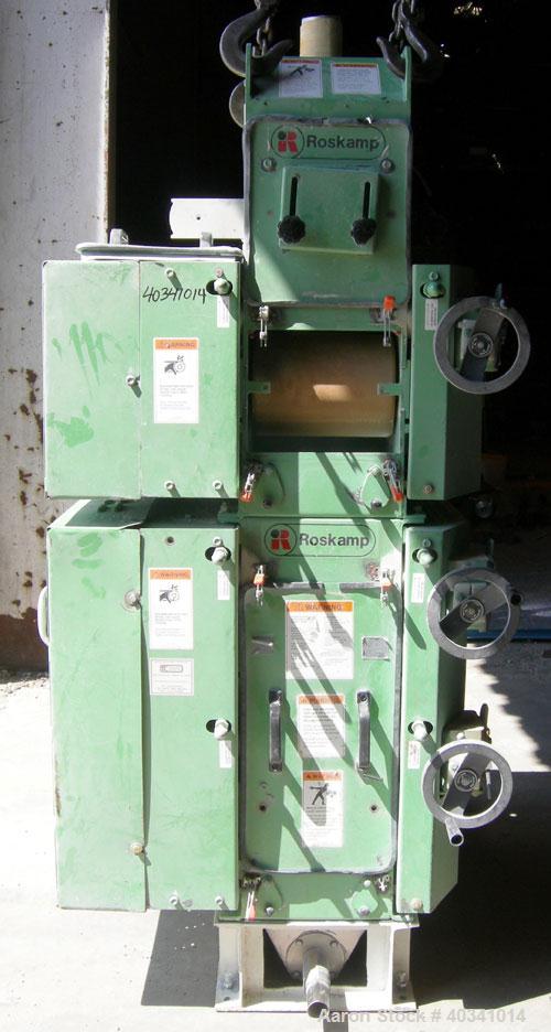 Used Roskamp Champion/ California Pellet Roll Crusher, model TRC900-12, carbon steel. (3) Sets of 2 horizontal rolls, approximately 9" diameter x 12" wide, manually adjustable. Top 2 rolls driven by ...