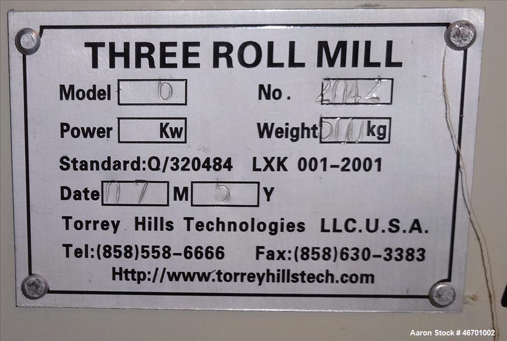 Used- Torrey Hills Technologies Three Roll Mill, 6 X 12 T.