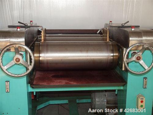 Used- Torrey Hills three roll mill, 12 x 30, 15 hp, 460 v , Timken bearings, stainless steel top and apron, manufactured 2006