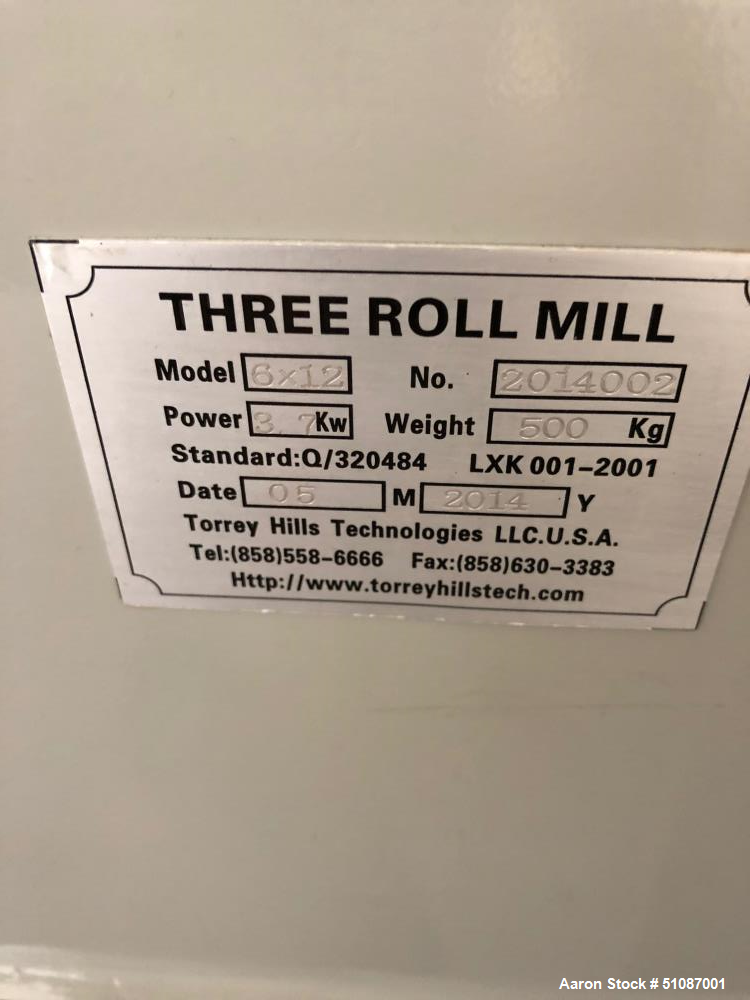 Used- Torrey Hills Technologies Three Roll Mill, 6 X 12