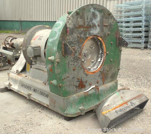Used Sprout-Waldron Single Runner Attrition Mill, Type 36. Carbon Steel Housing with 446 stainless steel removable grinding plates. 19’’ Diameter front feed opening with (2) 35’’ wide roller feed, dr...