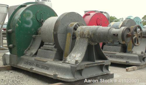 Used Sprout-Waldron Single Runner Attrition Mill, Type 36. Carbon Steel Housing with 446 stainless steel removable grinding plates. 19’’ Diameter front feed opening with (2) 35’’ wide roller feed, dr...