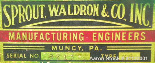 Used Sprout-Waldron Single Runner Attrition Mill, Type 36. Carbon Steel Housing with 446 stainless steel removable grinding plates. 19’’ Diameter front feed opening with (2) 35’’ wide roller feed, dr...