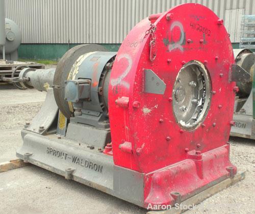 Used Sprout-Waldron Single Runner Attrition Mill, Type 36. Carbon Steel Housing with 446 stainless steel removable grinding plates. 19’’ Diameter front feed opening with (2) 35’’ wide roller feed, dr...