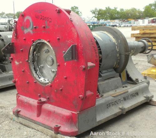 Used Sprout-Waldron Single Runner Attrition Mill, Type 36. Carbon Steel Housing with 446 stainless steel removable grinding plates. 19’’ Diameter front feed opening with (2) 35’’ wide roller feed, dr...