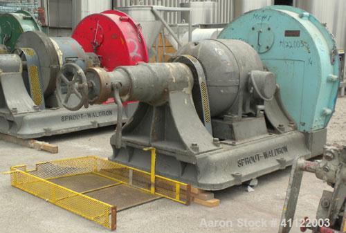 Used Sprout-Waldron Single Runner Attrition Mill, Type 36. Carbon Steel Housing with 446 stainless steel removable grinding plates. 19’’ Diameter front feed opening with (2) 42’’ wide roller feed, dr...