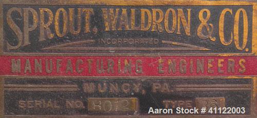 Used Sprout-Waldron Single Runner Attrition Mill, Type 36. Carbon Steel Housing with 446 stainless steel removable grinding plates. 19’’ Diameter front feed opening with (2) 42’’ wide roller feed, dr...