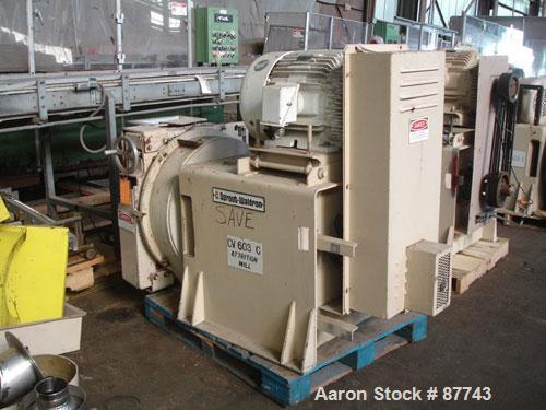 Used Sprout Waldron/Kopper Single Disc Mill, Model DM-24. Stainless steel contact surfaces, 24" diameter disc, hand wheel plate gap adjustment, gravity feed, swing away front cover, belt driven with ...