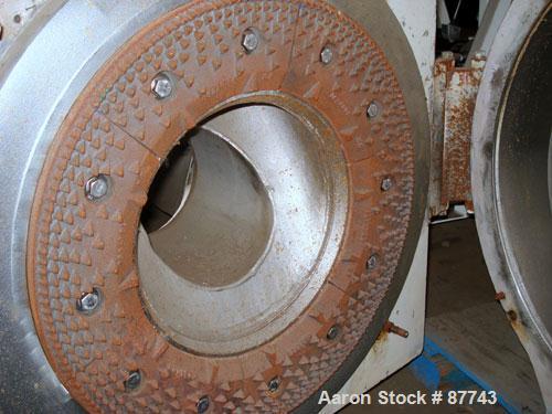 Used Sprout Waldron/Kopper Single Disc Mill, Model DM-24. Stainless steel contact surfaces, 24" diameter disc, hand wheel plate gap adjustment, gravity feed, swing away front cover, belt driven with ...