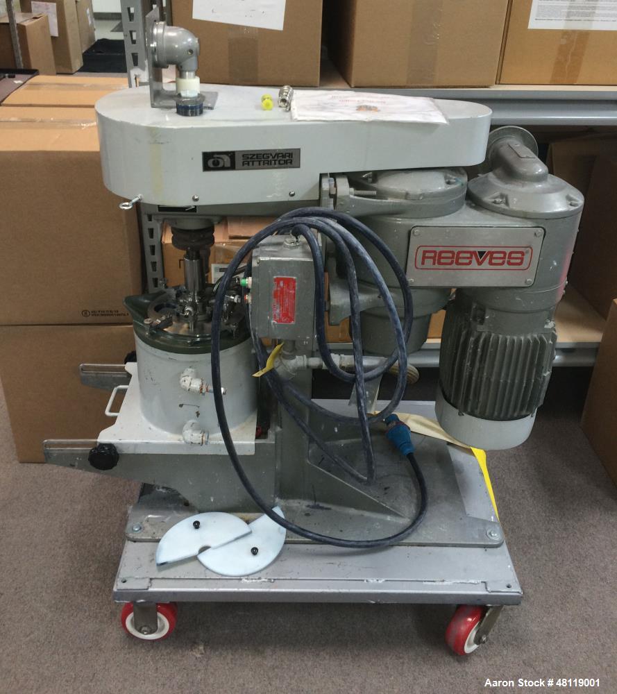 Used Union Process Attritor Szegvari, Type: 1S, Size:1 with Zirconium Oxide Lined Bowl. Attritor has a 2hp explosion proof Reeves drive, 240/480 volts, 3 PH, 60 HZ.