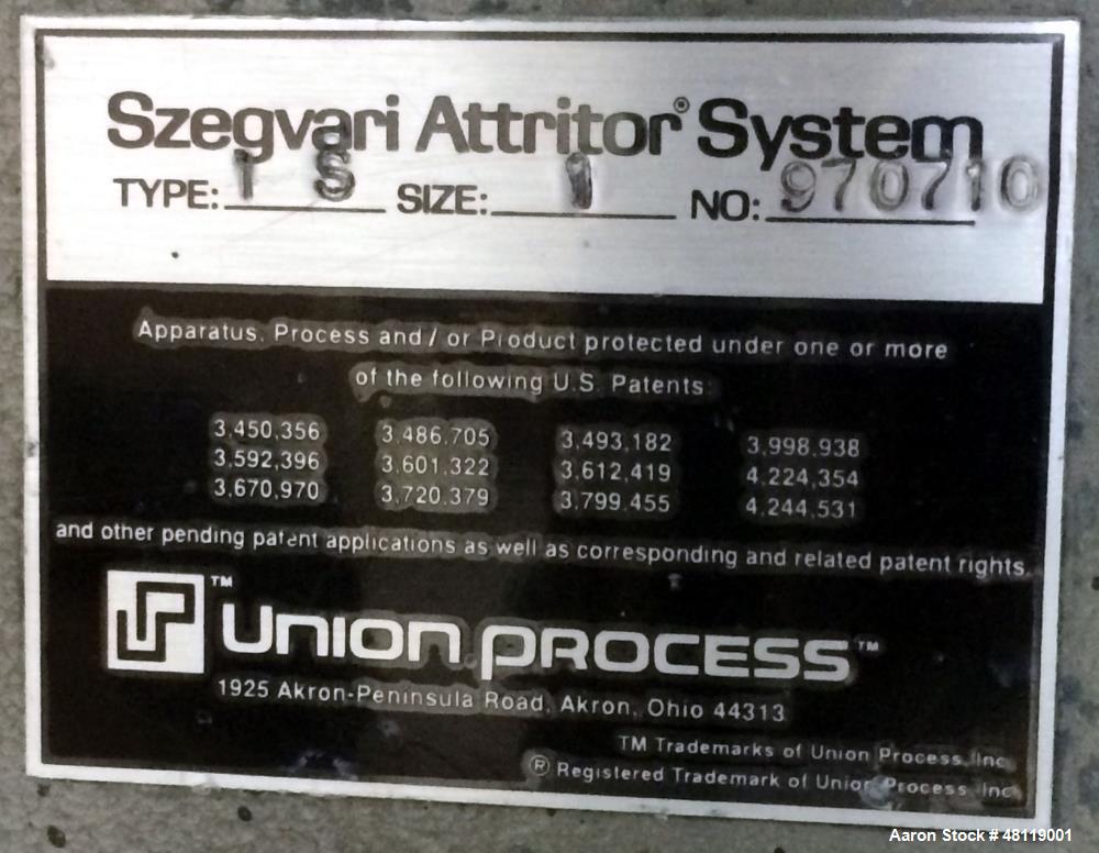 Used Union Process Attritor Szegvari, Type: 1S, Size:1 with Zirconium Oxide Lined Bowl. Attritor has a 2hp explosion proof Reeves drive, 240/480 volts, 3 PH, 60 HZ.
