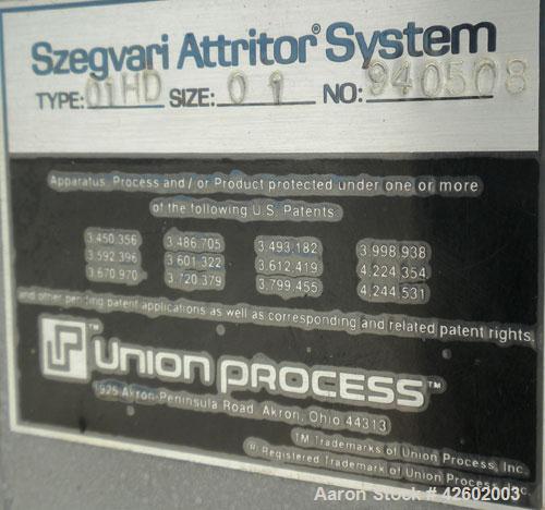 Used Szegvari Attritor, Type 01HDT, Size 01. 1/2" Diameter x 6" long 304 stainless steel removable pin bar agitator, requires a 750 CC chamber. Approximate .25 liter capacity. Driven by a 1/4 hp, 3/6...