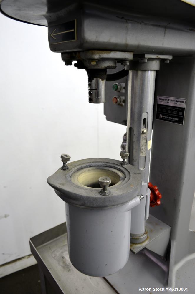 Used Union Process Szegvari Laboratory Batch Heavy Duty Attritor Mill, Type 01HD, Size 01. Approximately 250cc (0.1 gallon) lined tank 3" diameter x 4-1/2" deep, carbon steel jacket. Manual bowl heig...