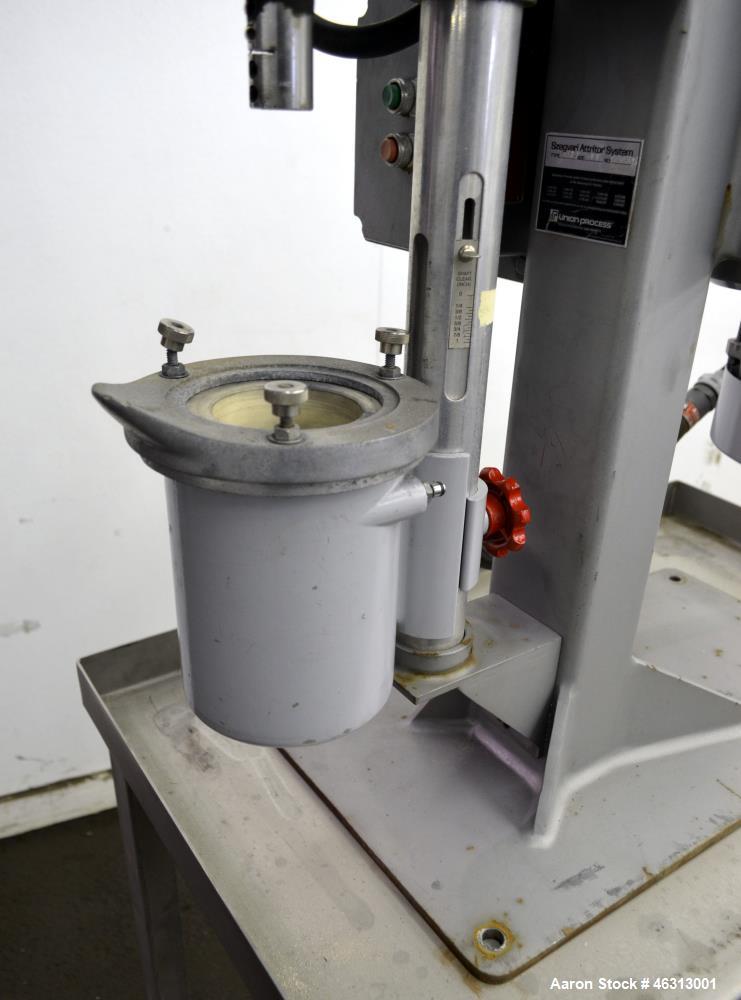 Used Union Process Szegvari Laboratory Batch Heavy Duty Attritor Mill, Type 01HD, Size 01. Approximately 250cc (0.1 gallon) lined tank 3" diameter x 4-1/2" deep, carbon steel jacket. Manual bowl heig...