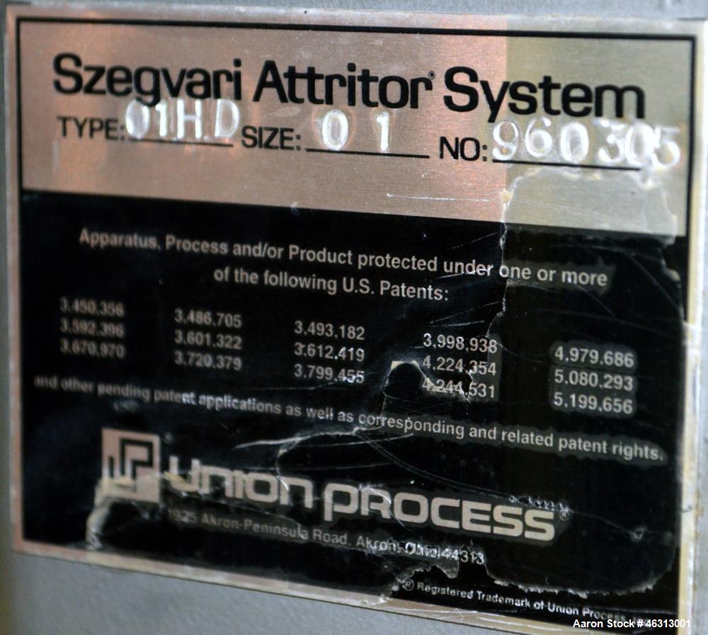 Used Union Process Szegvari Laboratory Batch Heavy Duty Attritor Mill, Type 01HD, Size 01. Approximately 250cc (0.1 gallon) lined tank 3" diameter x 4-1/2" deep, carbon steel jacket. Manual bowl heig...