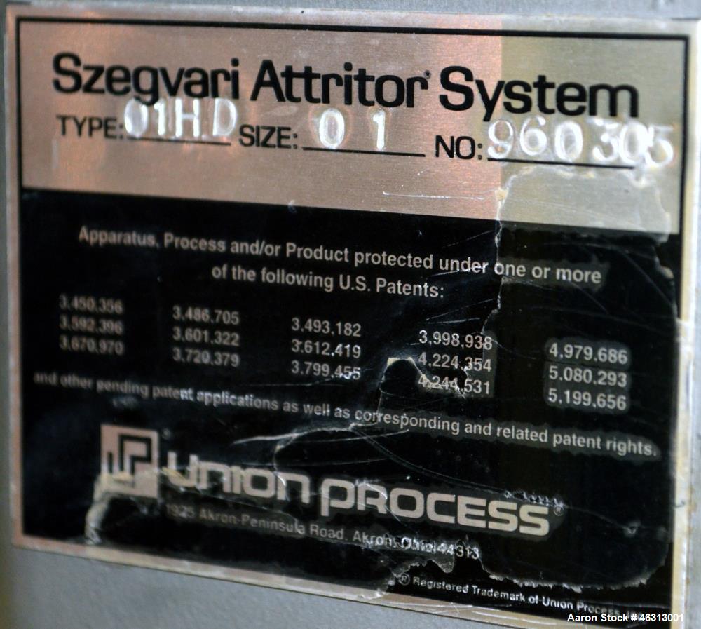 Used- Union Process Szegvari Laboratory Batch Heavy Duty Attritor Mill, Type 01HD, Size 01. Approximately 250cc (0.1 gallon)...