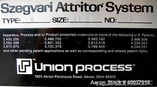 Used: Union Process Szegvari Attritor, Type 10S, Size B, 304 stainless steel. 16" x 19" carbon steel jacketed grinding chamber. 304 stainless steel coated shaft with aluminum pins. (2) piece cover. D...