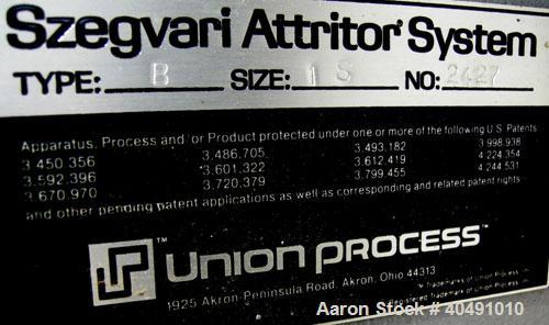 Used Union Process Szegvari Attritor Mill, type 1S, size B, 304 stainless steel. 9 1/2" x 8 1/2" carbon steel jacketed grinding chamber. Stainless steel shaft with carbon steel pins. Driven by a 3 hp...