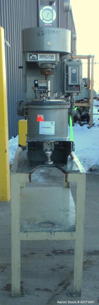 Used Union Process Intermittent Type Laboratory Batch Attritor Mill, Type 1 S, Size 1. Teflon lined tank, approximate 0.8 gallon working capacity, 1.5 total. 1 Gallon media volume. Carbon steel jacke...