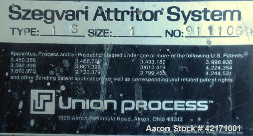 Used Union Process Intermittent Type Laboratory Batch Attritor Mill, Type 1 S, Size 1. Teflon lined tank, approximate 0.8 gallon working capacity, 1.5 total. 1 Gallon media volume. Carbon steel jacke...