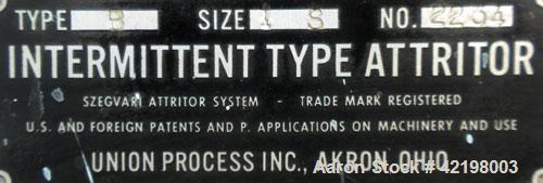 Used Union Process Intermittent Type Laboratory Batch Attritor Mill, Type B, Size 1S. 304 Stainless steel tank, approximate 0.8 gallon working capacity, 1.5 total. 1 Gallon media volume. Carbon steel...