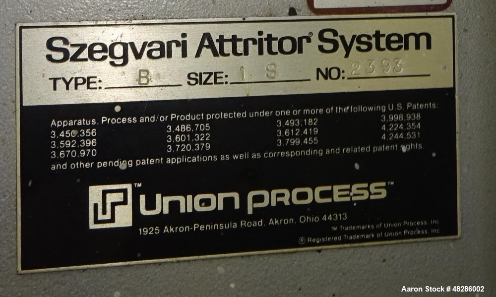 Used Union Process Szegvari Laboratory Batch Attritor Mill, Type B, Size 1S, St