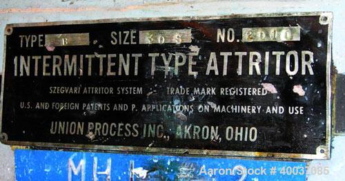 Used: Union Process Szegvari Intermitten Attritor, Type B, Size 30S. 24" x 27" jacketed stainless steel grinding chamber. 2" diameter shaft with 1" diameter carbon steel pins.(2) piece plastic cover....