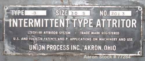 USED: Union Process type B, size 30S, intermittent attritor mill, carbon steel. 24" diameter x 27" deep jacketed tank, no top cover, 6" outlet. Approximate 43 gallon capacity. 18-20 gallon slurry cap...