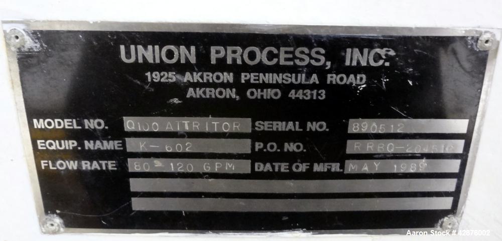 Used Union Process Szegvari Continuious Attritior Mill, Model Q100. 316 Stainless steel grinding chamber, 32" diameter x 32" deep. Flow rate 80 to 120 gallons per minute. Carbon Steel jacket rated 10...