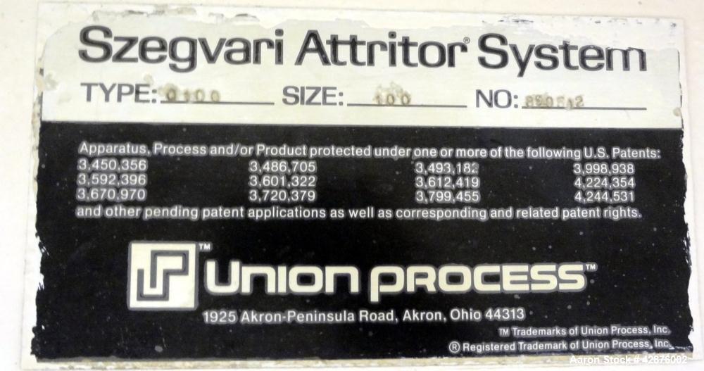 Used Union Process Szegvari Continuious Attritior Mill, Model Q100. 316 Stainless steel grinding chamber, 32" diameter x 32" deep. Flow rate 80 to 120 gallons per minute. Carbon Steel jacket rated 10...