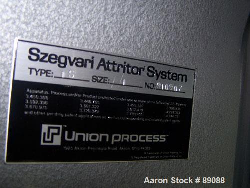 USED: Union Process laboratory batch Szegvari attritor mill, type 1S, size B, 304 stainless steel. Approximately 8" diameter x 8" deep (1.5 gallon) carbon steel jacketed mixing can, 2 piece cover. Ap...