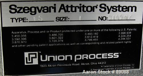 USED: Union Process laboratory batch Szegvari attritor mill, type 1S, size B, 304 stainless steel. Approximately 8" diameter x 8" deep (1.5 gallon) carbon steel jacketed mixing can, 2 piece cover. Ap...
