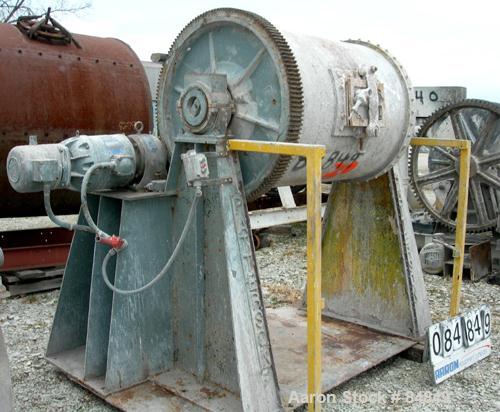 USED: Patterson ball mill, carbon steel, lined non-jacketed chamber 32" diameter x 44" long, 153 total gallon capacity. 12" x 8" charge port with 2 covers. Driven by a 5 hp, 3/60/220/440 volt, 1750 r...