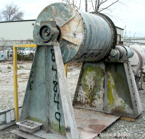 USED: Patterson ball mill, carbon steel, lined non-jacketed chamber 32" diameter x 44" long, 153 total gallon capacity. 12" x 8" charge port with 2 covers. Driven by a 5 hp, 3/60/220/440 volt, 1750 r...