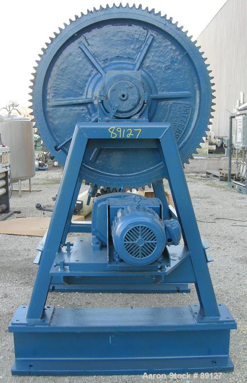 USED: Patterson Industries ball mill, carbon steel. Jacketed chamber, approximately 42" diameter x 48" long. 8-1/2" x 12-1/2" charge port with cover. Driven by a 10 hp, 3/60/200 volt, 1735 rpm XP mot...