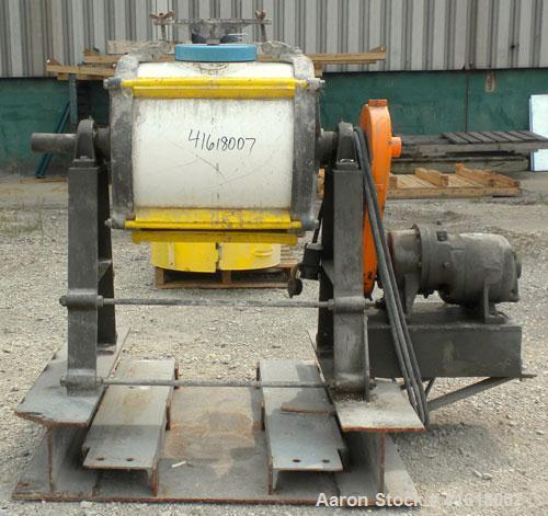 Used Abbe Engineering Ball Mill, porcelain lined chamber. 18" diameter x 16" long. Approximate 18 gallon (2 cubic foot) capacity. 6-1/2" charge/discharge port with clamp down cover. Driven by a 1/2 h...
