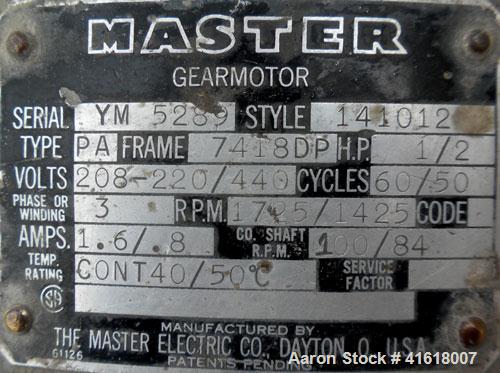 Used Abbe Engineering Ball Mill, porcelain lined chamber. 18" diameter x 16" long. Approximate 18 gallon (2 cubic foot) capacity. 6-1/2" charge/discharge port with clamp down cover. Driven by a 1/2 h...