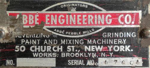 Used Abbe Engineering Ball Mill, porcelain lined chamber. 18" diameter x 16" long. Approximate 18 gallon (2 cubic foot) capacity. 6-1/2" charge/discharge port with clamp down cover. Driven by a 1/2 h...
