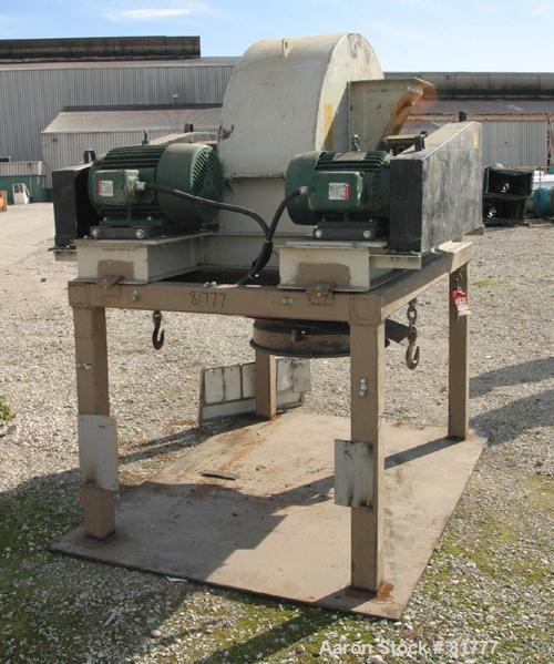 USED: Stedman multi-row cage mill, model Y30H3-00. Carbon steel. 30" diameter x 12" wide 4 row counter rotating cages. Cage pins are 1" diameter. Rated approx 3 tph, 1/2" max feed size. 10 hp and 15 ...