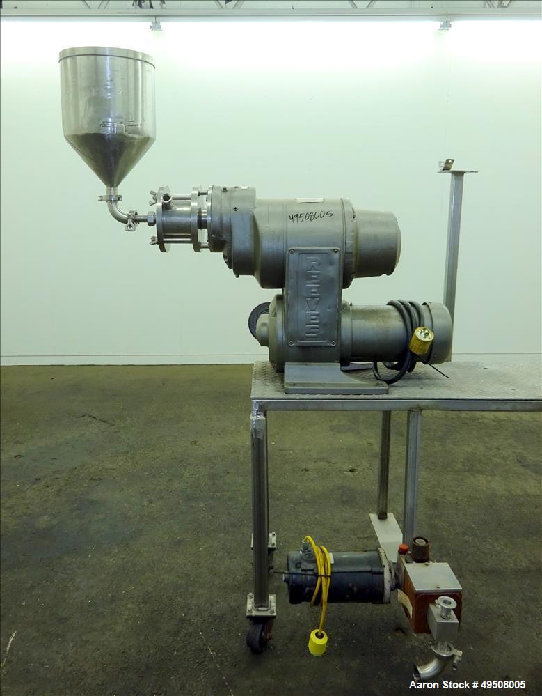 Used Colloid Mill, 316 Stainless Steel. Approximate 5-1/2" diameter chamber. Dual (40) pin rotor. Driven by a Reeves manual variable speed gearbox, 5 HP, 3/60/208-230/460 volt, 1725 rpm motor with 1....