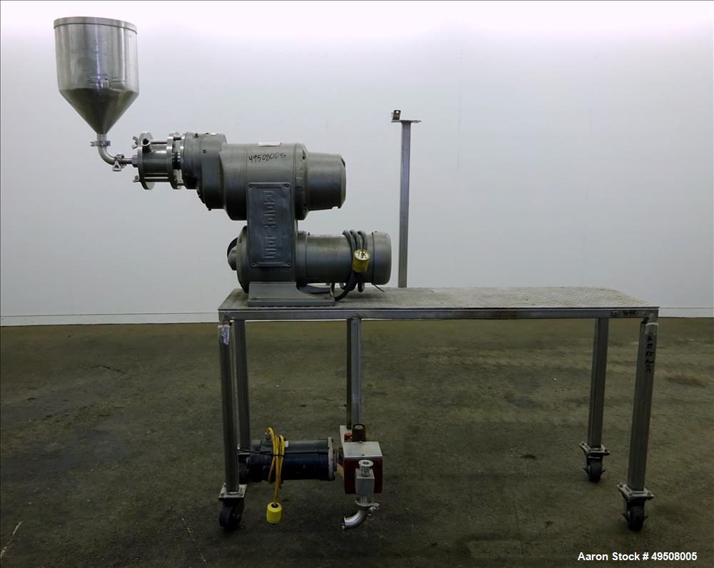 Used Colloid Mill, 316 Stainless Steel. Approximate 5-1/2" diameter chamber. Dual (40) pin rotor. Driven by a Reeves manual variable speed gearbox, 5 HP, 3/60/208-230/460 volt, 1725 rpm motor with 1....