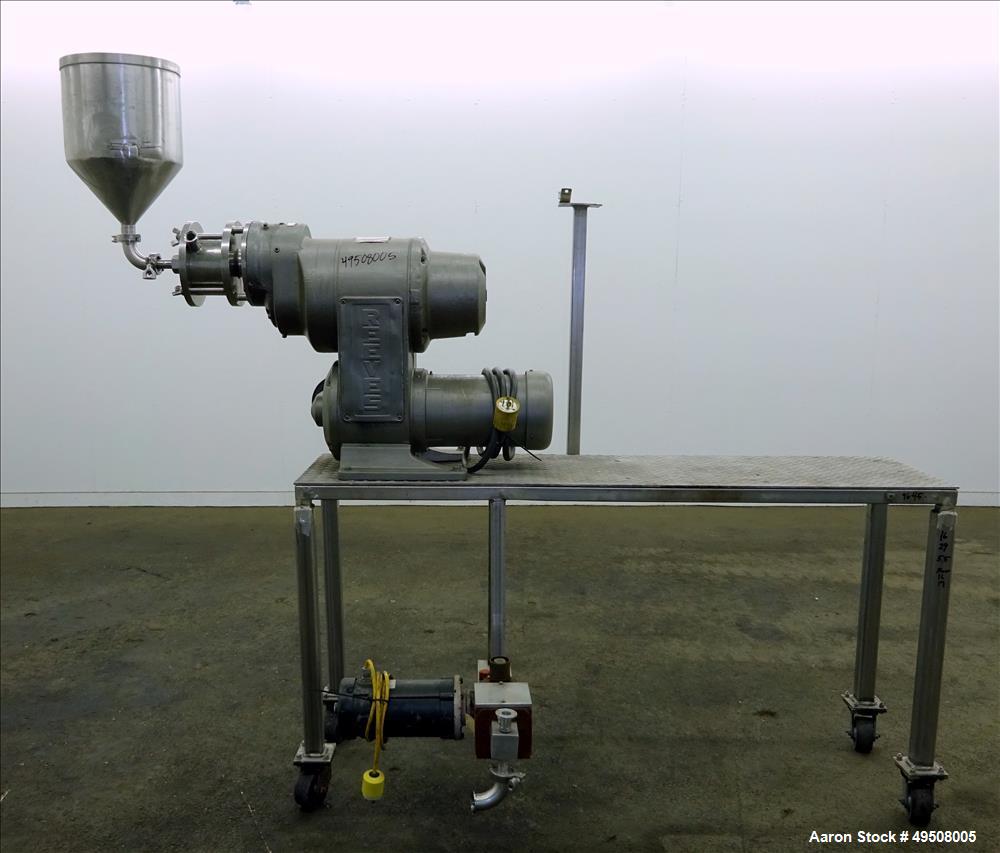 Used Colloid Mill, 316 Stainless Steel. Approximate 5-1/2" diameter chamber. Dual (40) pin rotor. Driven by a Reeves manual variable speed gearbox, 5 HP, 3/60/208-230/460 volt, 1725 rpm motor with 1....