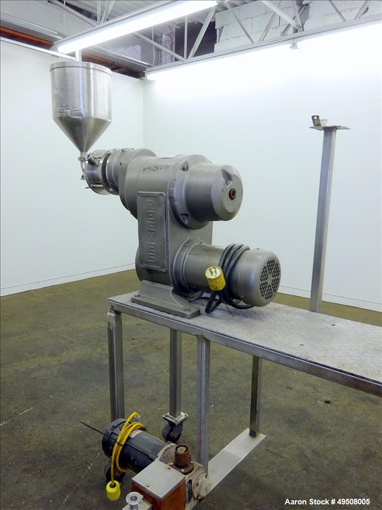 Used Colloid Mill, 316 Stainless Steel. Approximate 5-1/2" diameter chamber. Dual (40) pin rotor. Driven by a Reeves manual variable speed gearbox, 5 HP, 3/60/208-230/460 volt, 1725 rpm motor with 1....