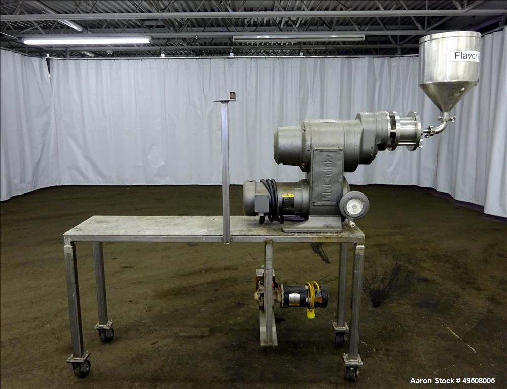 Used Colloid Mill, 316 Stainless Steel. Approximate 5-1/2" diameter chamber. Dual (40) pin rotor. Driven by a Reeves manual variable speed gearbox, 5 HP, 3/60/208-230/460 volt, 1725 rpm motor with 1....