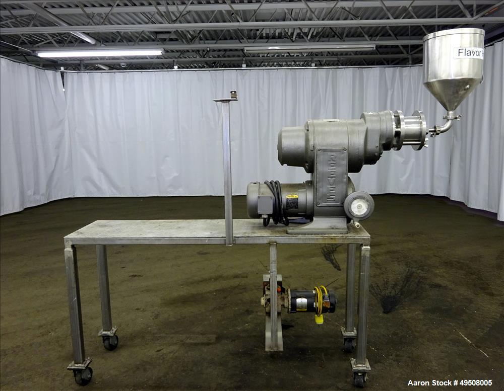 Used Colloid Mill, 316 Stainless Steel. Approximate 5-1/2" diameter chamber. Dual (40) pin rotor. Driven by a Reeves manual variable speed gearbox, 5 HP, 3/60/208-230/460 volt, 1725 rpm motor with 1....