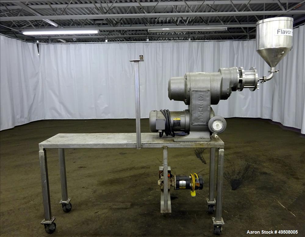 Used- Colloid Mill, 316 Stainless Steel. Approximate 5-1/2" diameter chamber. Dual (40) pin rotor. Driven by a Reeves manual...